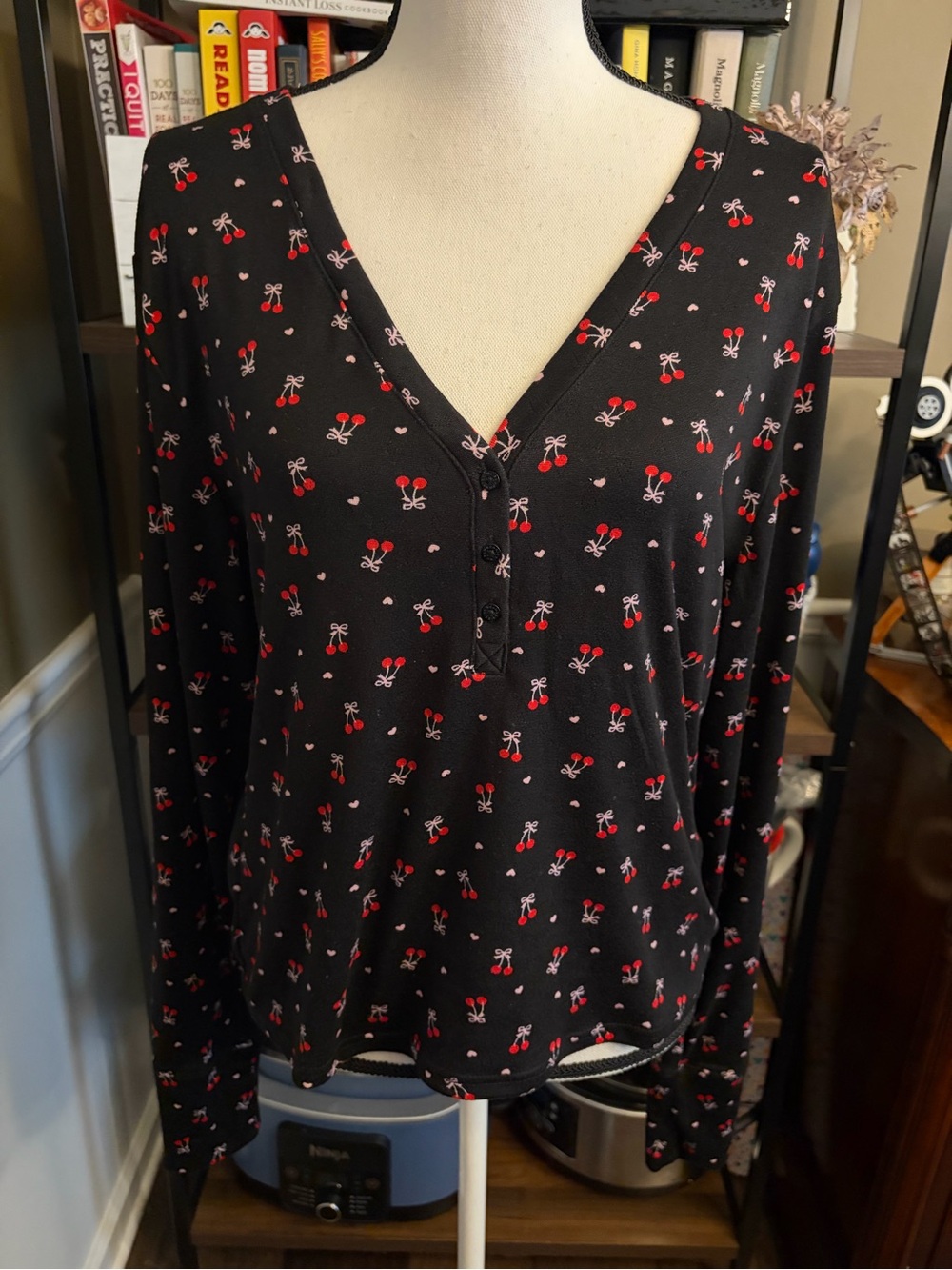 No Boundaries Black Red Cherry Print Long-Sleeve Henley Top
